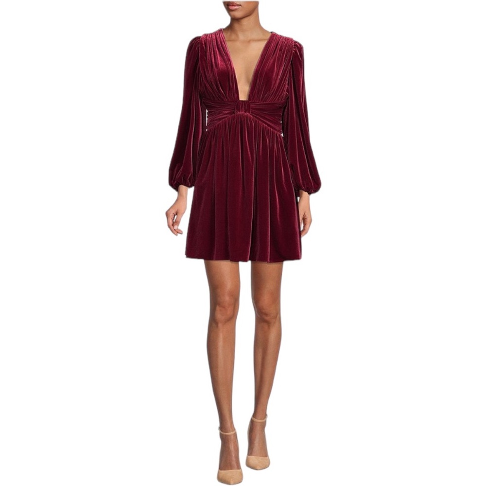 Mariah Velvet Burgundy Long Sleeve Mini Dress Plunging Neckline by Gianni Bini